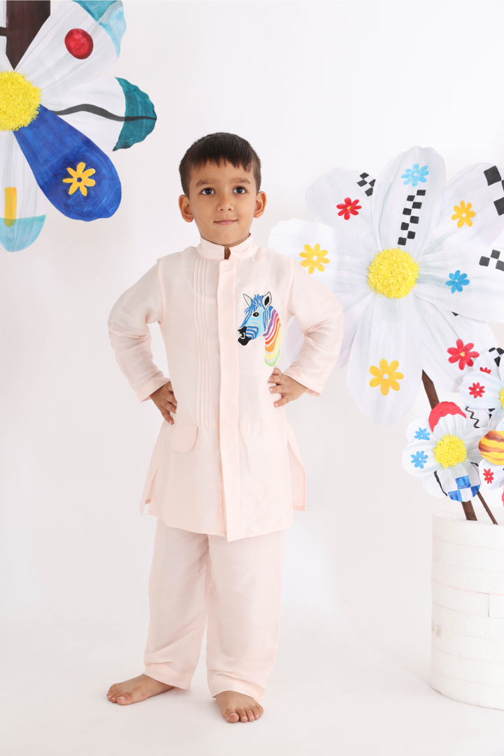 Twinning Set in Pink Organza Cape with Cutwork Flowers and Pants with Zebra Embroidered Kurta and Pyjama