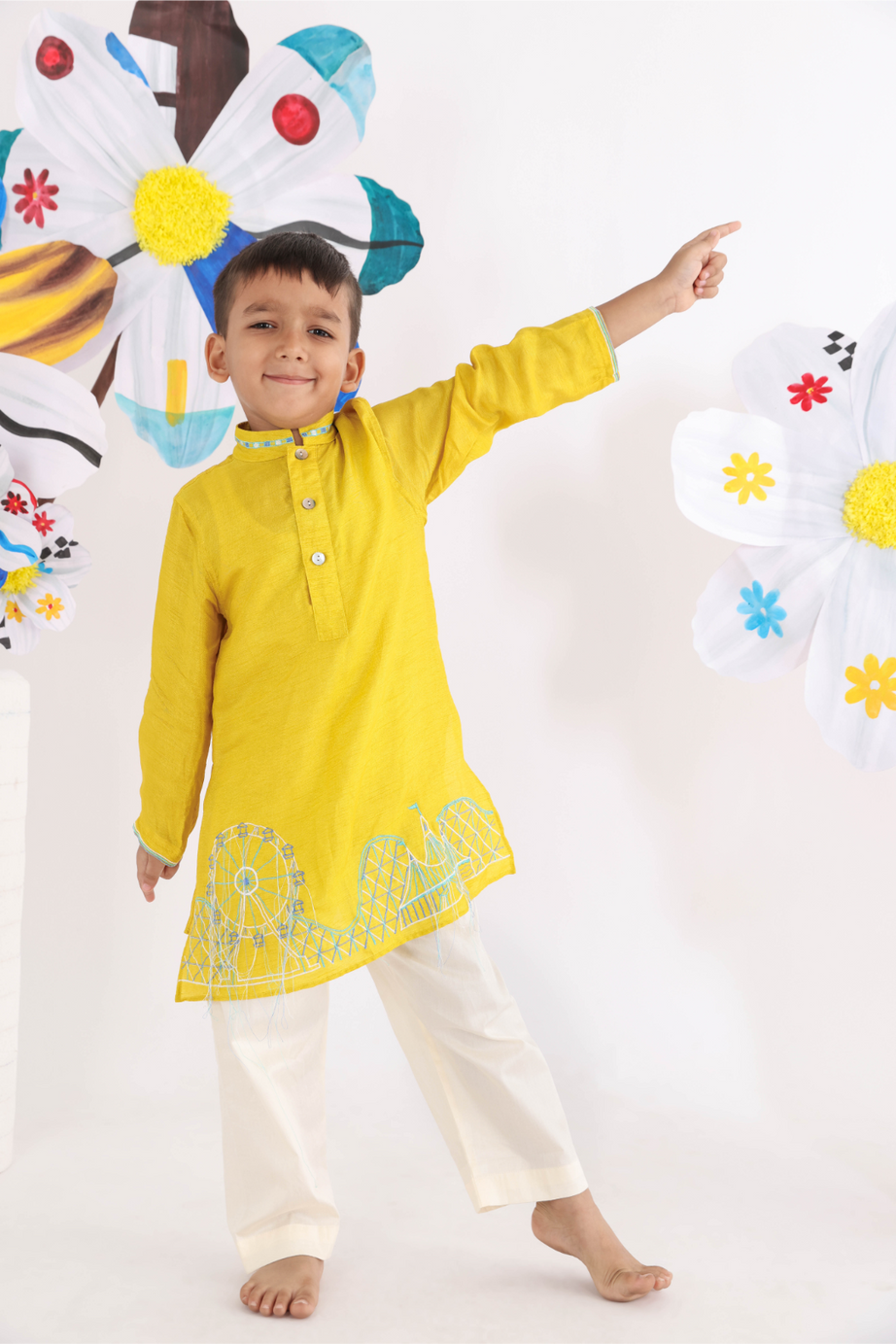 Yellow Kurta with Embroidered Carnival Scene and White Pyjama for Boys