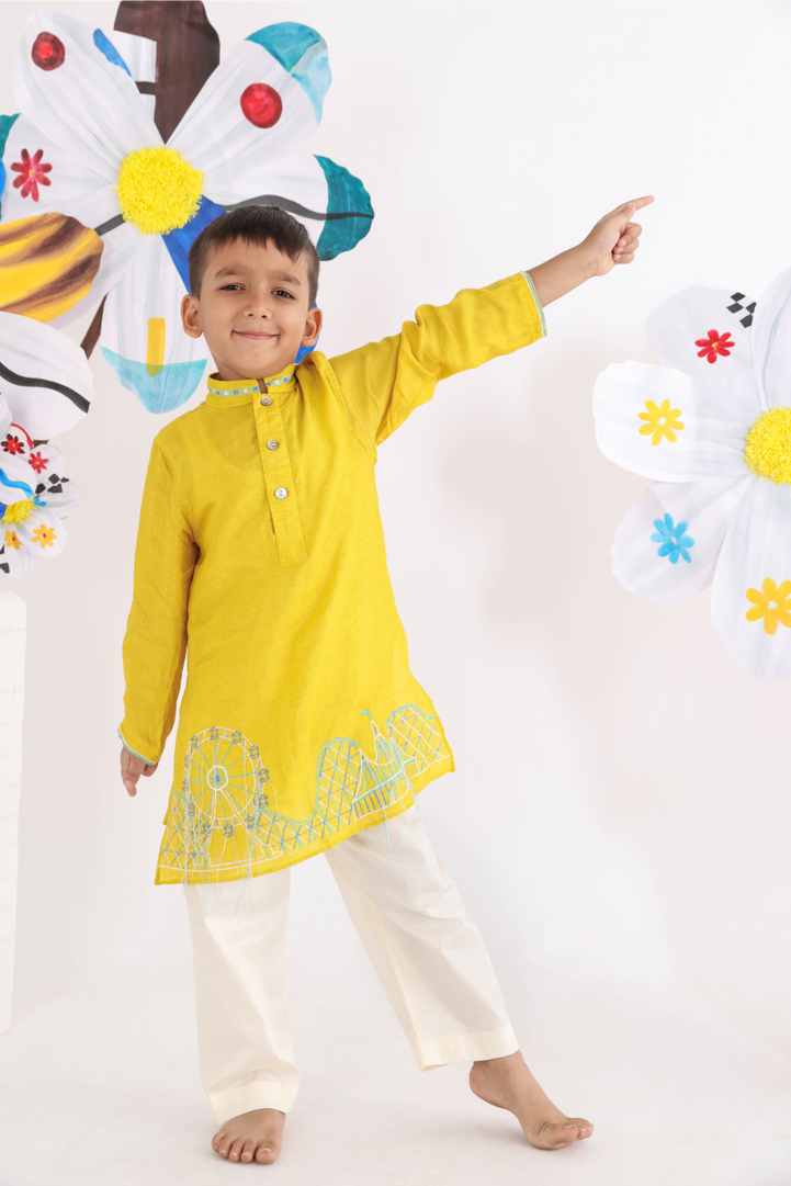 Twinning Set in Attached Yellow Jacket Top with Threadwork and Sequence Embroidery and Yellow Pants with Carnival Scene Embroidered Kurta and Pyjama
