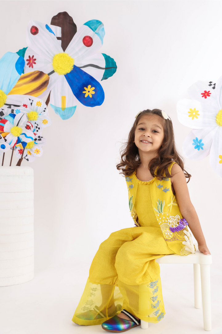 Twinning Set in Attached Yellow Jacket Top with Threadwork and Sequence Embroidery and Yellow Pants with Carnival Scene Embroidered Kurta and Pyjama