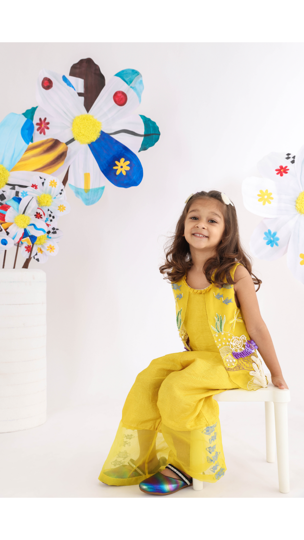 Twinning Set in Attached Yellow Jacket Top with Threadwork and Sequence Embroidery and Yellow Pants with Carnival Scene Embroidered Kurta and Pyjama