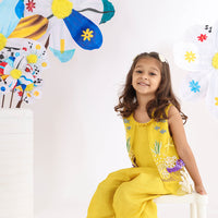 Attached Yellow Jacket Top with Threadwork and Sequence Embroidery and Yellow Pants with See Through Panels for Girls