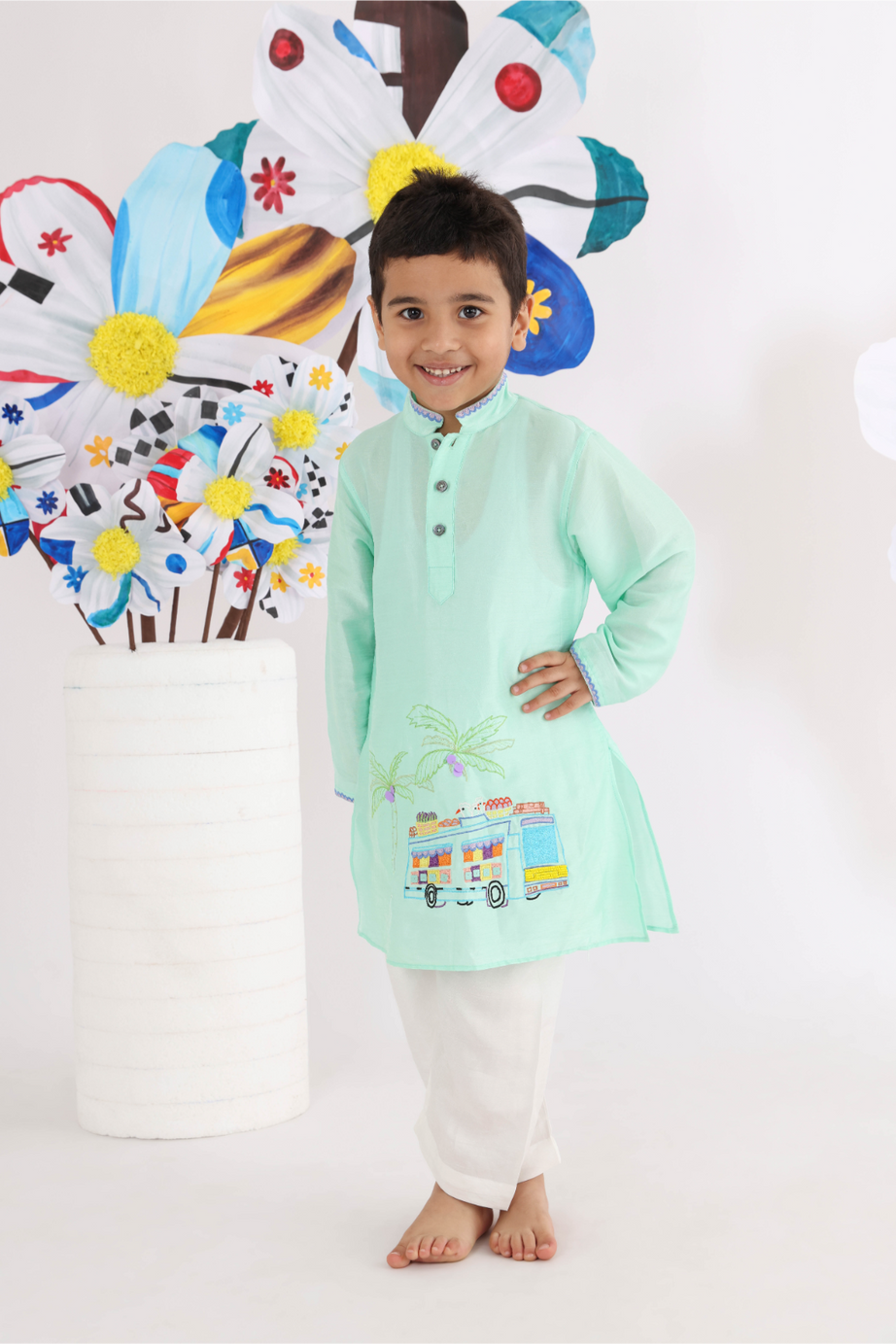 Mint Green Kurta with Embroidered Buses of India and Pyjama for Boys