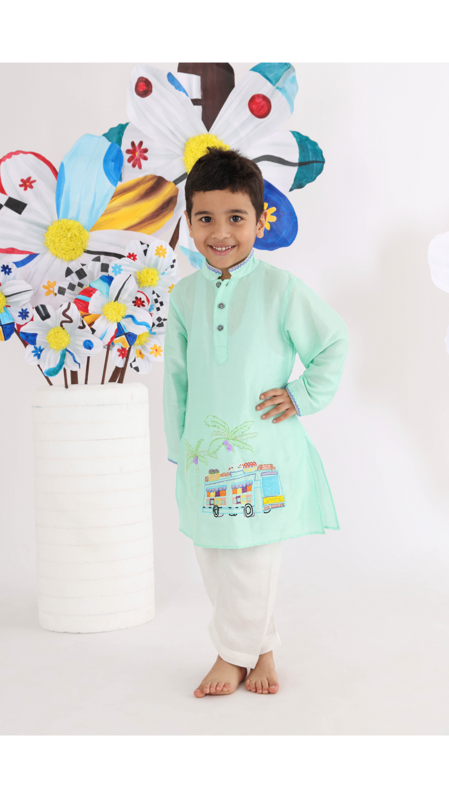 Mint Green Kurta with Embroidered Buses of India and Pyjama for Boys