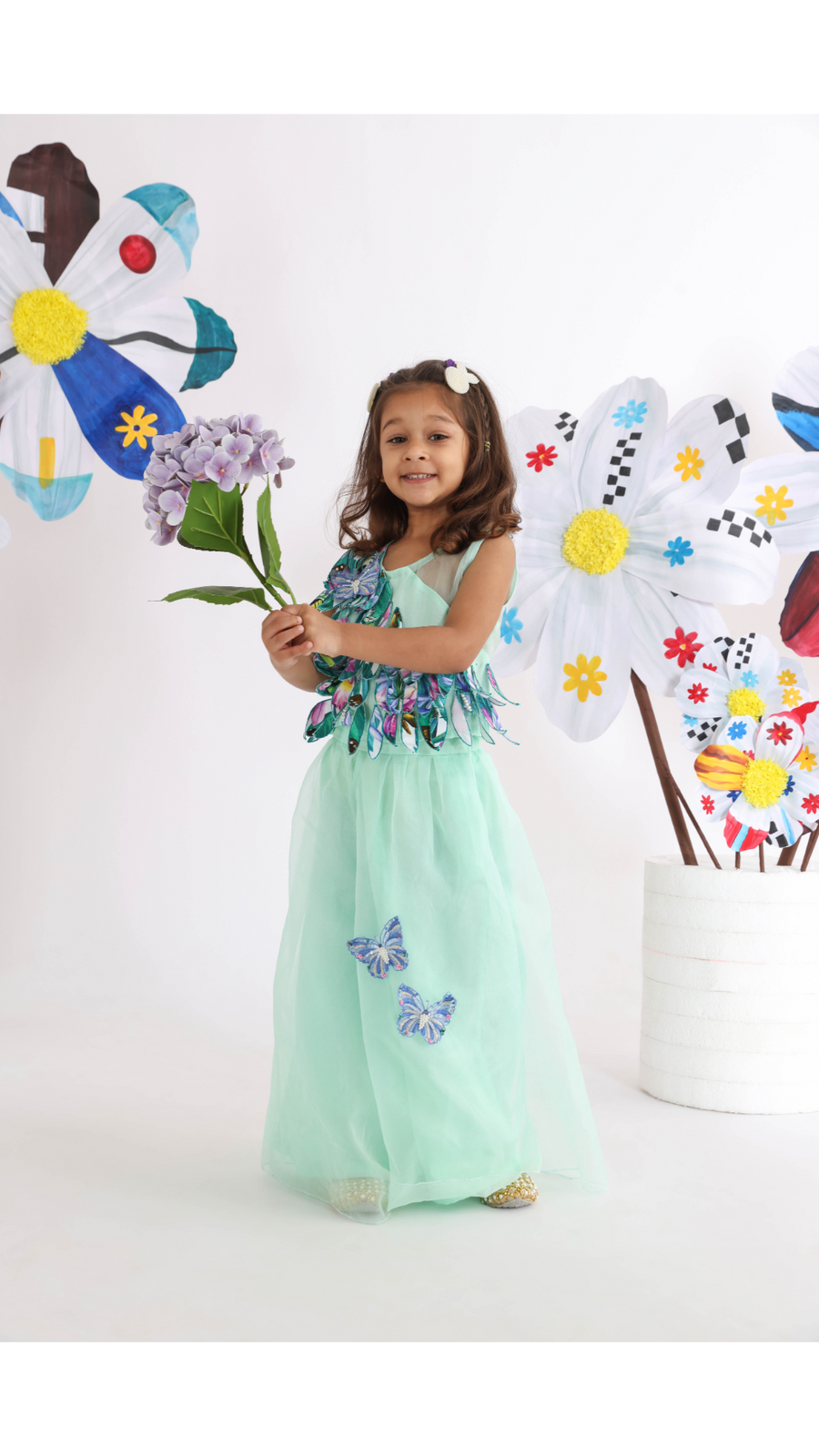 Mint Green Top with Printed Leaves and Butterflies Cutwork with Organza Palazzo for Girls