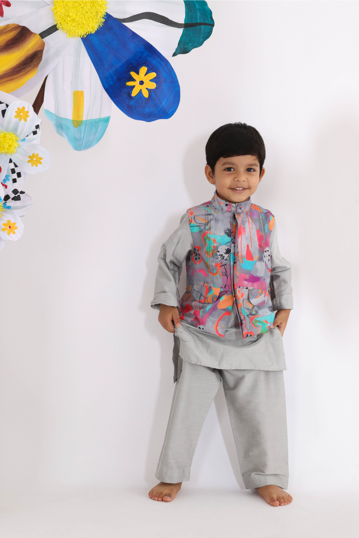 Gray Kurta with Colourful Printed Jacket and Gray Pyjama for Boys