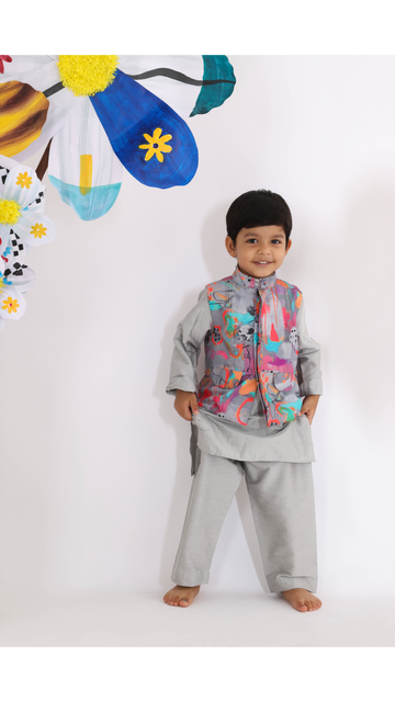 Gray Kurta with Colourful Printed Jacket and Gray Pyjama for Boys