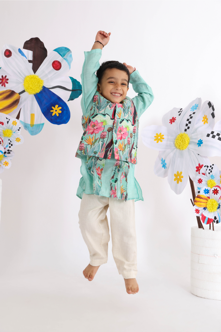 Floral Printed Jacket and Green Kurta with Printed Ruffled Panels and White Pyjama for Boys