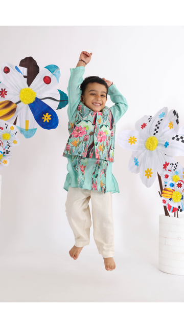 Floral Printed Jacket and Green Kurta with Printed Ruffled Panels and White Pyjama for Boys