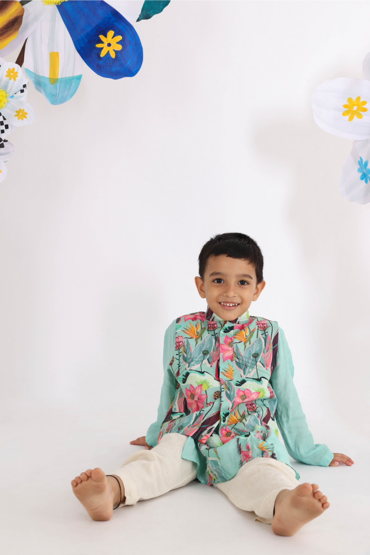 Floral Printed Jacket and Green Kurta with Printed Ruffled Panels and White Pyjama for Boys