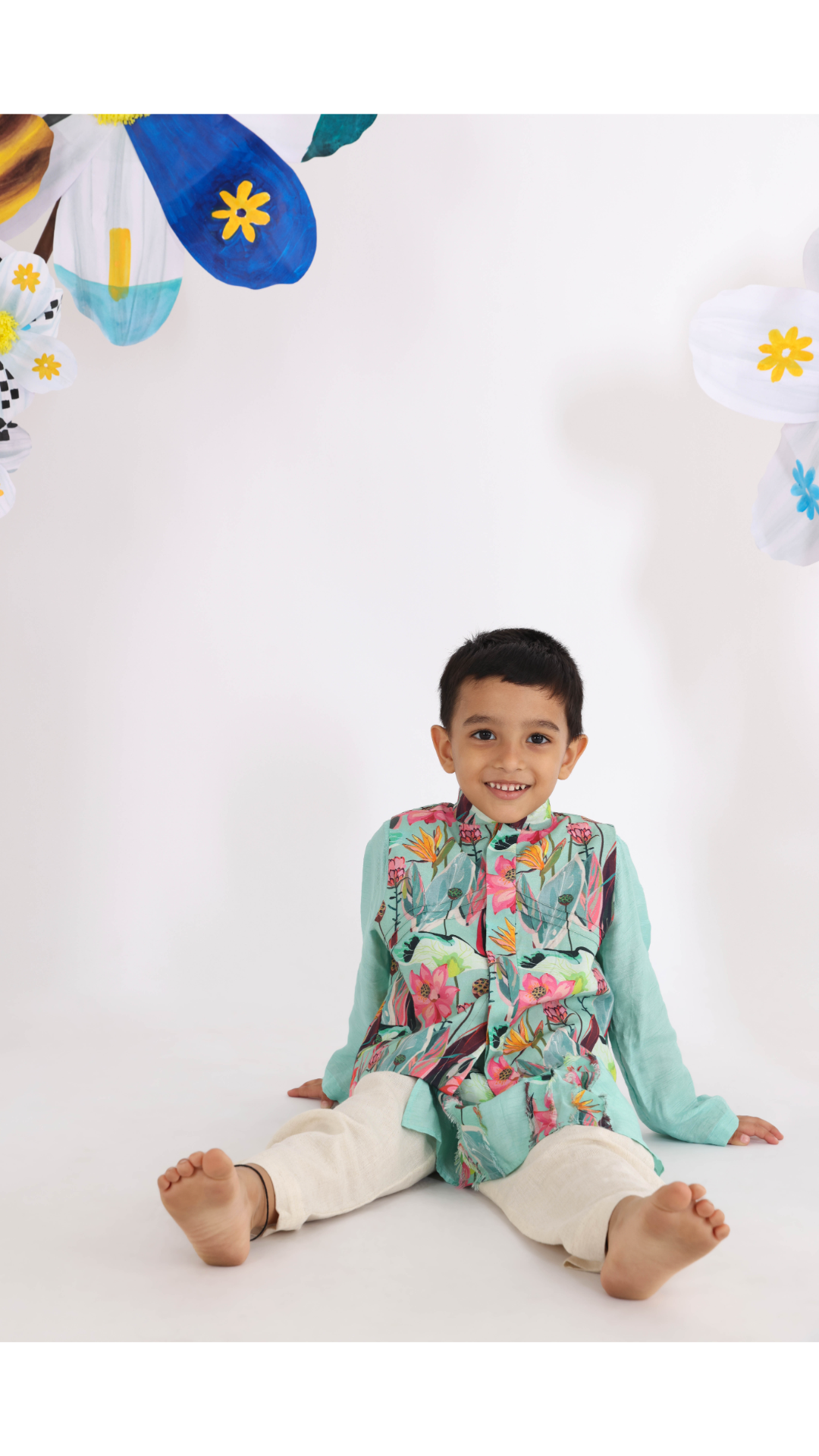 Floral Printed Jacket and Green Kurta with Printed Ruffled Panels and White Pyjama for Boys