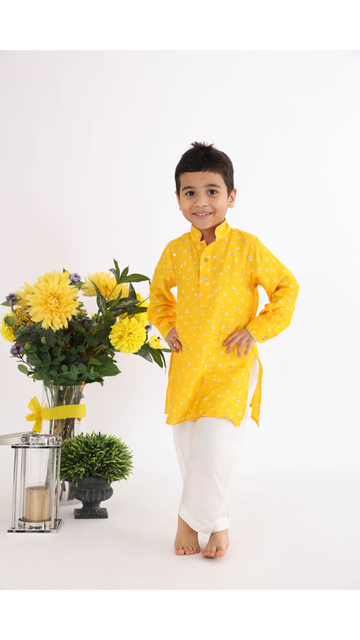 Yellow Silk Bandhani Print Kurta with Sequence Embroidery and White Pyjama for Boys