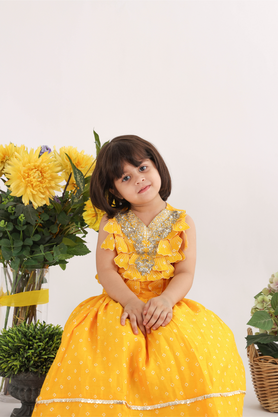 Heavy Embroidered Top with Stunning 3d Cutwork Petals and Lehenga in Yellow Printed Silk Bandhani for Girls