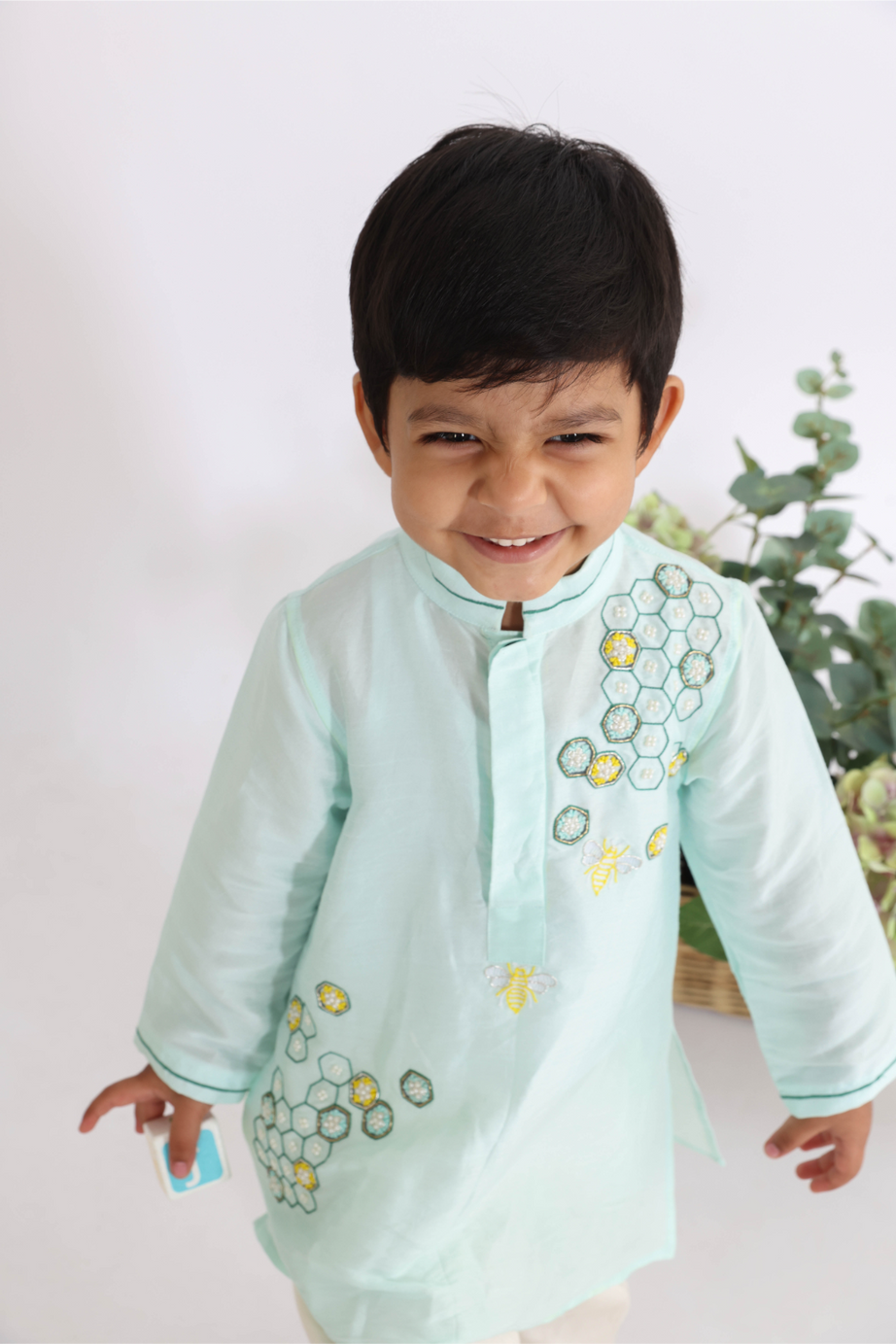 Green Kurta with Bee Hive Embroidery with Off White Pyjama for Boys