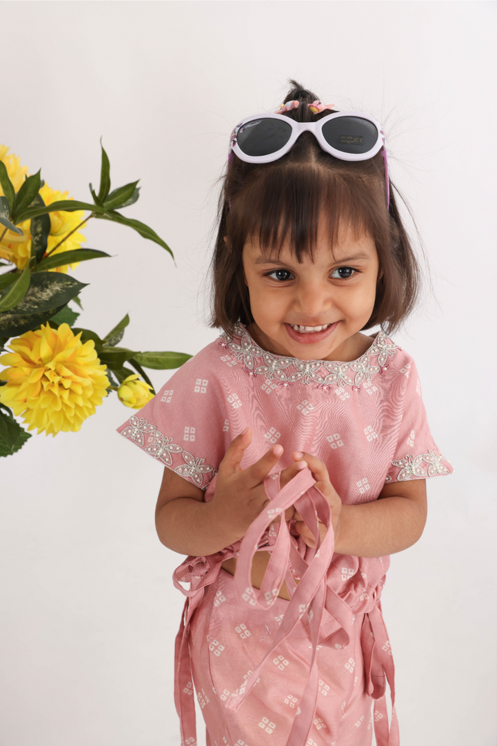 Pink Printed Bandhani Top with Threadwork and Pearls Embroidery with Drawstrings and Palazzos with Lace for Girls