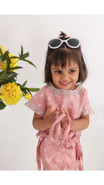 Pink Printed Bandhani Top with Threadwork and Pearls Embroidery with Drawstrings and Palazzos with Lace for Girls