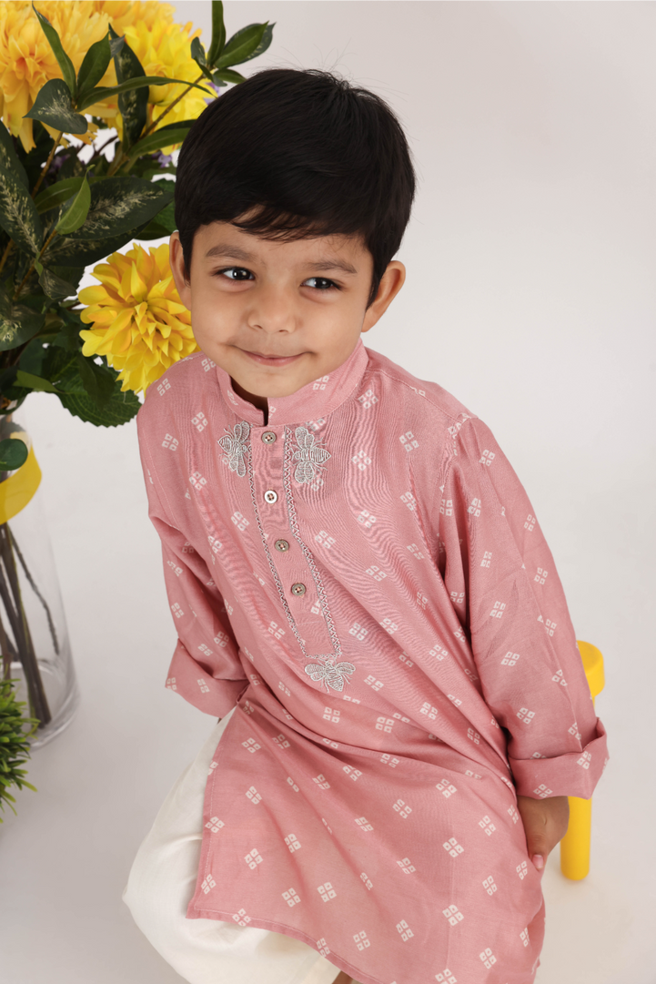 Pink Bandhani Print Silk Kurta with Embroidered Yolk and White Pyjama for Boys