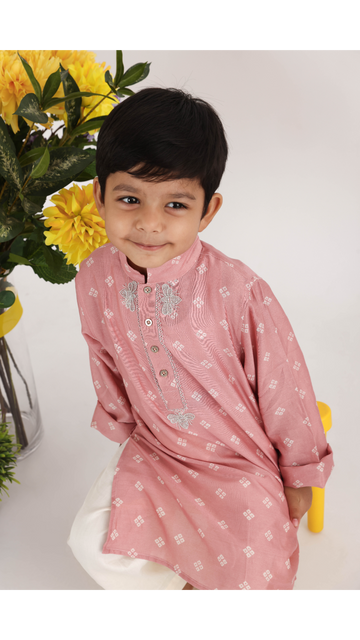 Pink Bandhani Print Silk Kurta with Embroidered Yolk and White Pyjama for Boys
