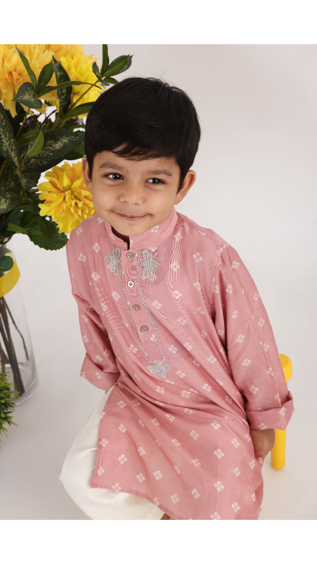 Twinning Set in Pink Bandhgala Print Silk