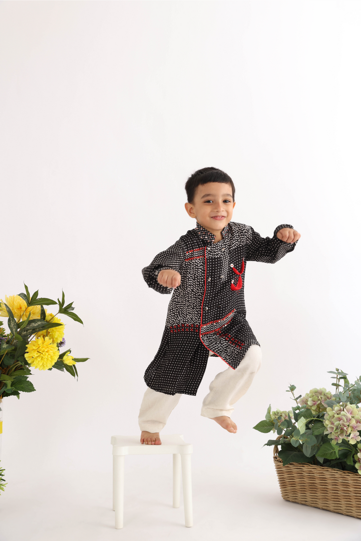 Black Silk High Low Kurta with Embroidery and Badges with White Pyjama for Boys