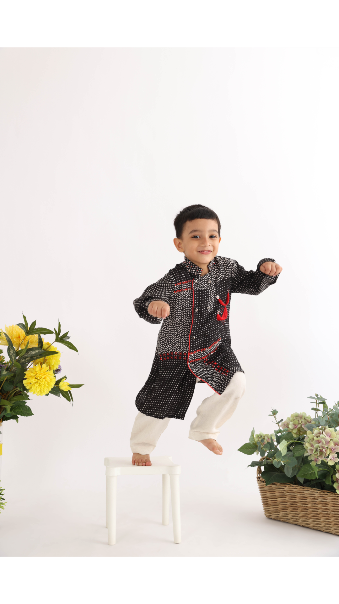 Black Silk High Low Kurta with Embroidery and Badges with White Pyjama for Boys