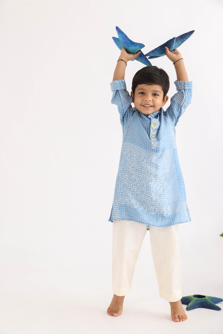 Blue Printed Silk Kurta with Embroidered Collar And Shoulders with White Pyjama for Boys