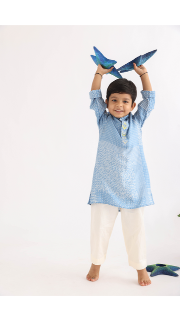 Blue Printed Silk Kurta with Embroidered Collar And Shoulders with White Pyjama for Boys