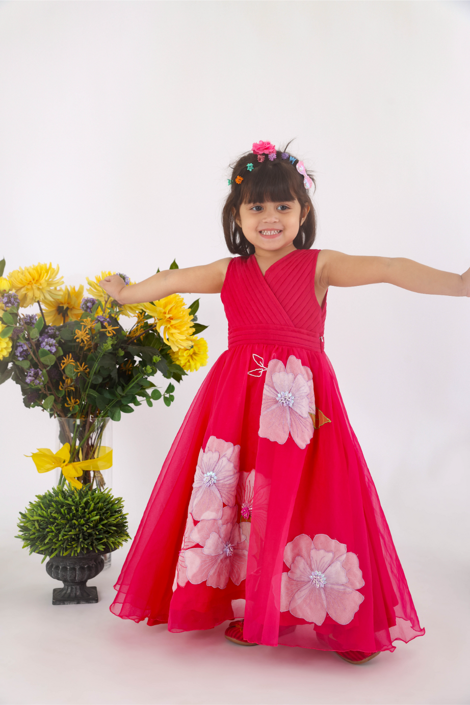 Pink Organza Gown with Pleated Yoke 3D Floral Cutwork and Floral Embroidery for Girls