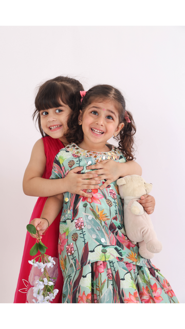 Blue Floral High Lo Kurti in Printed Muslin for Girls