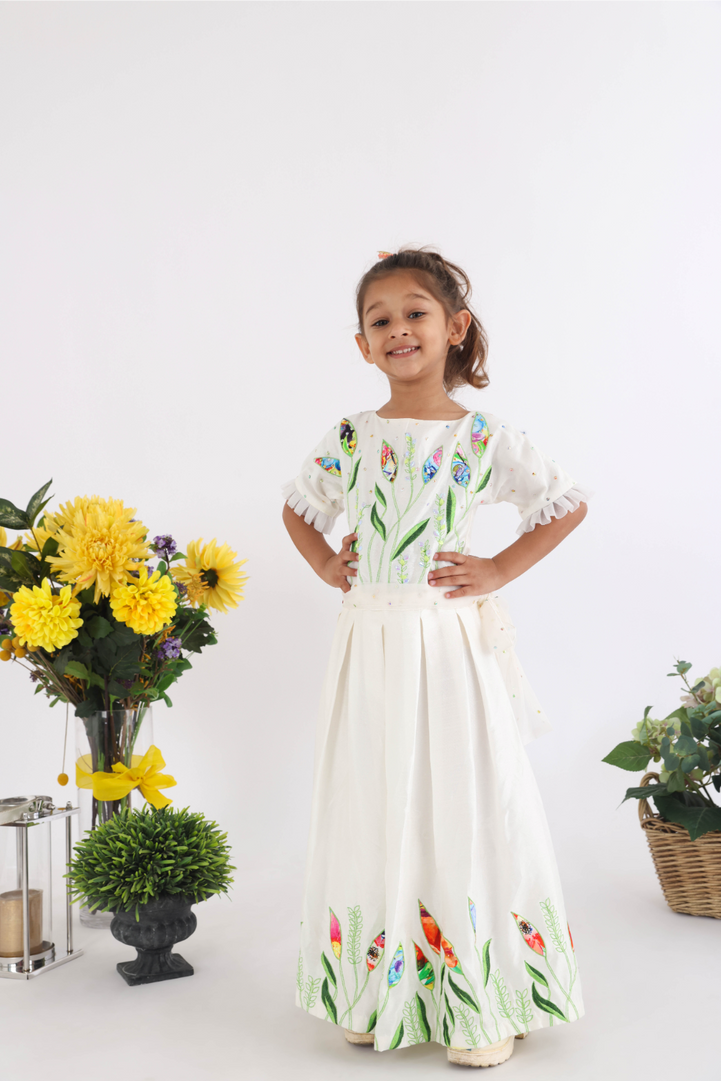 Silk Jumpsuit in Off White with Threadwork and Embellished Belt for Girls