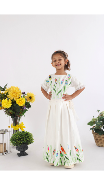 Silk Jumpsuit in Off White with Threadwork and Embellished Belt for Girls