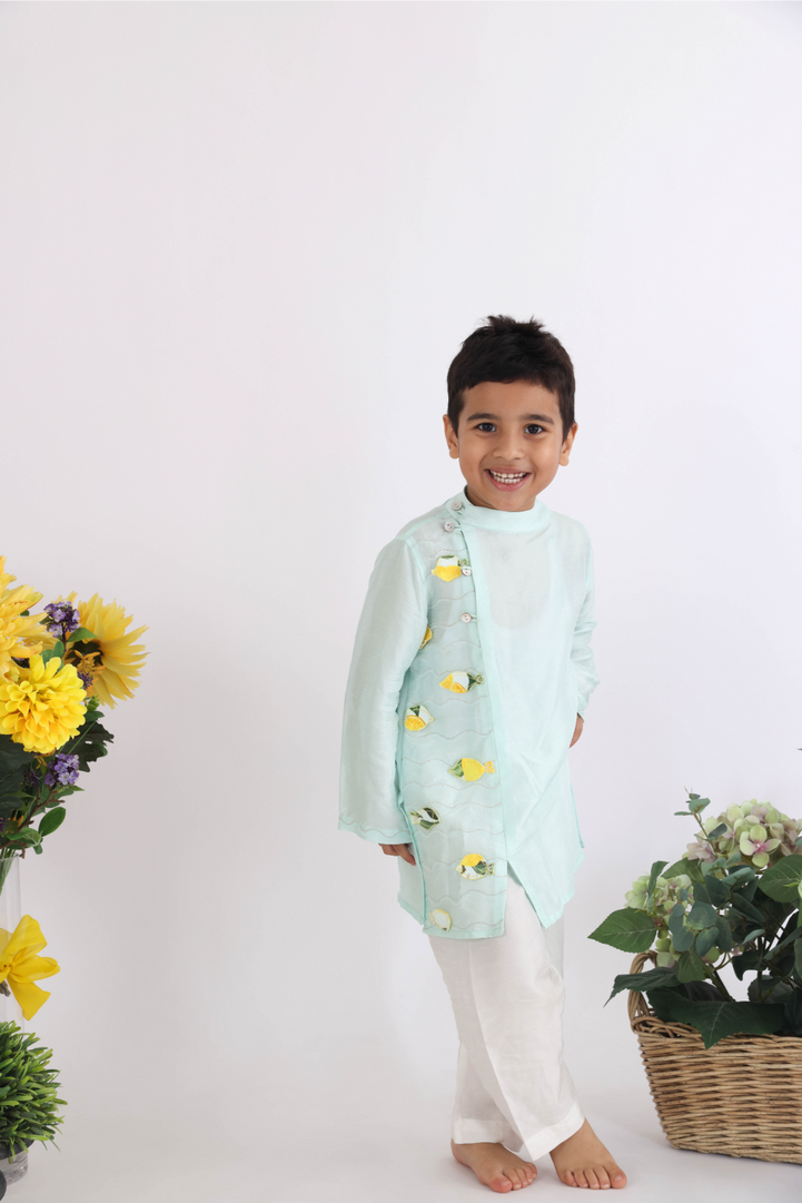 Mint Green Kurta with Embroidered Panel and Cutwork Fish with Side Opening and Pyjama for Boys