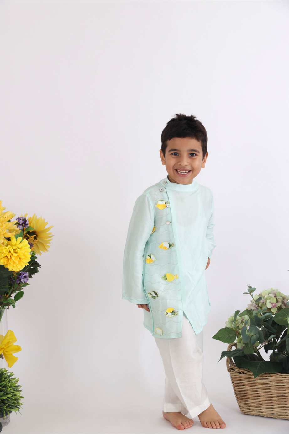 Mint Green Kurta with Embroidered Panel and Cutwork Fish with Side Opening and Pyjama for Boys