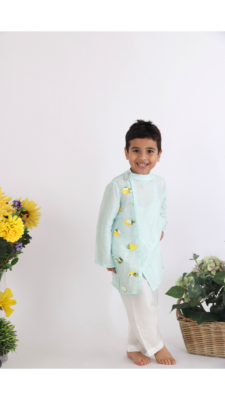 Mint Green Kurta with Embroidered Panel and Cutwork Fish with Side Opening and Pyjama for Boys