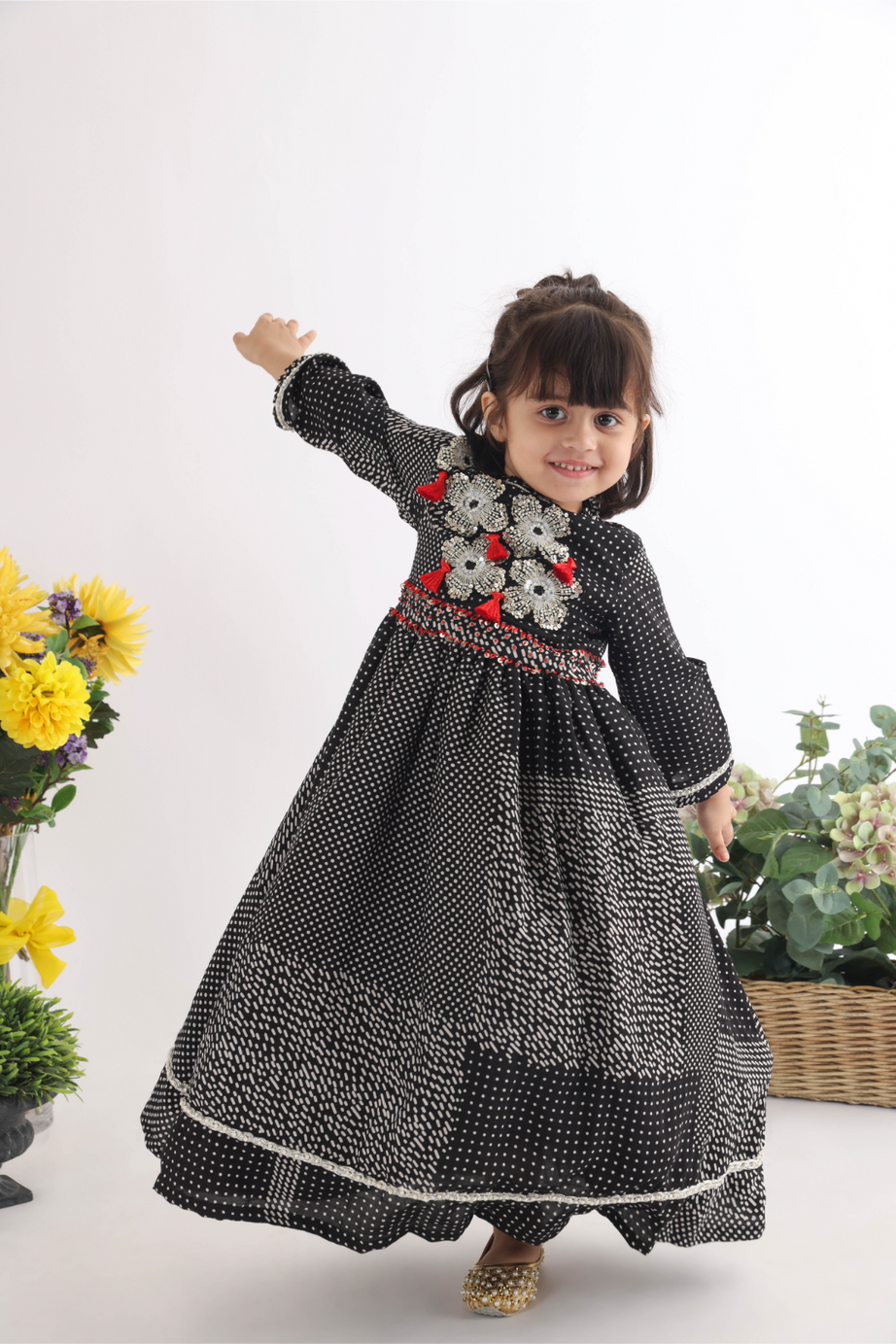 Elegant Black Silk Printed Anarkali with Embroidered Floral Cutwork for Girls