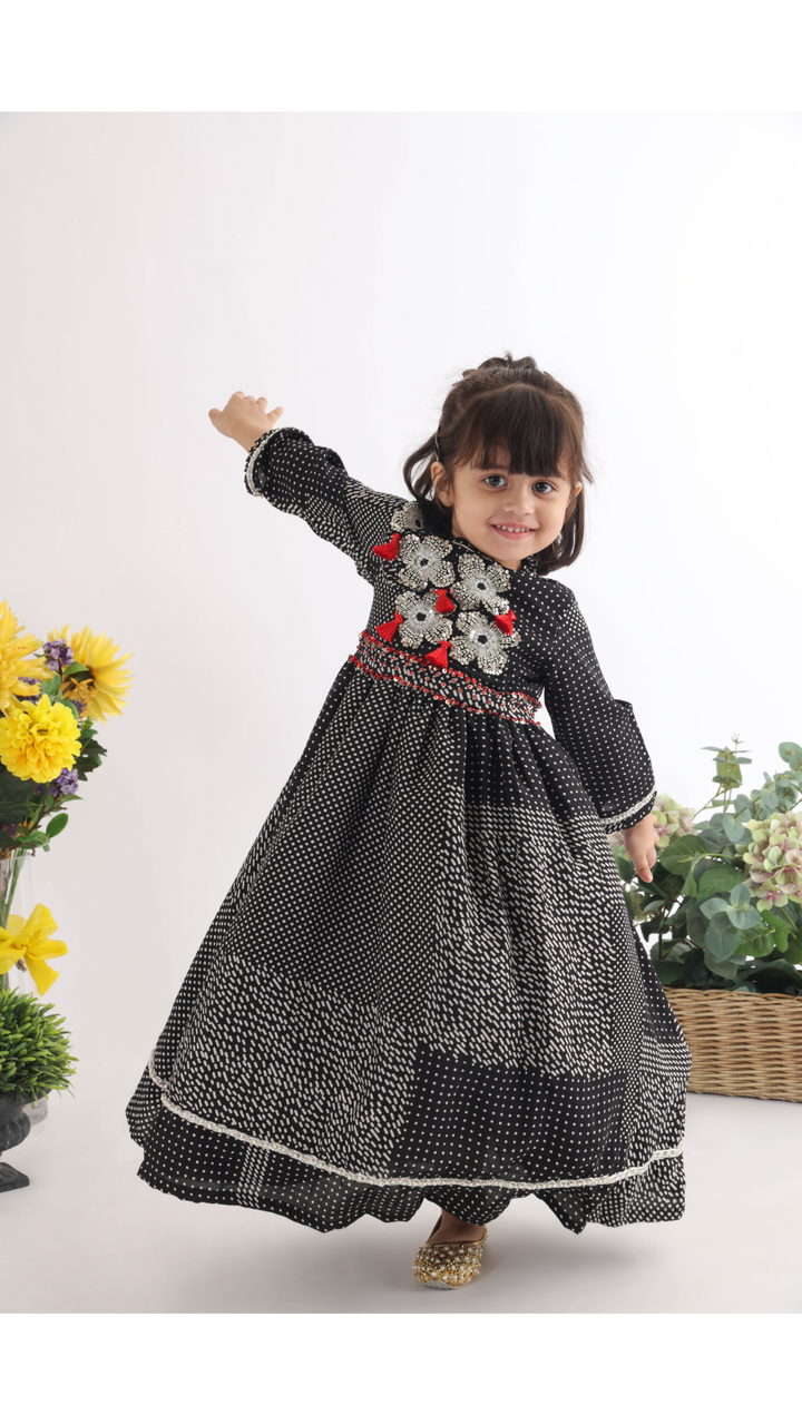 Elegant Black Silk Printed Anarkali with Embroidered Floral Cutwork for Girls