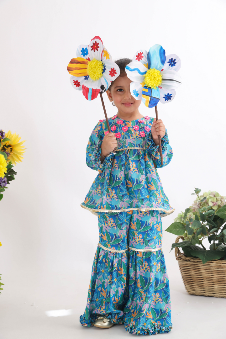 Dark Blue Floral Top with Floral Sequence Embroidery and Sharara in Printed Muslin for Girls