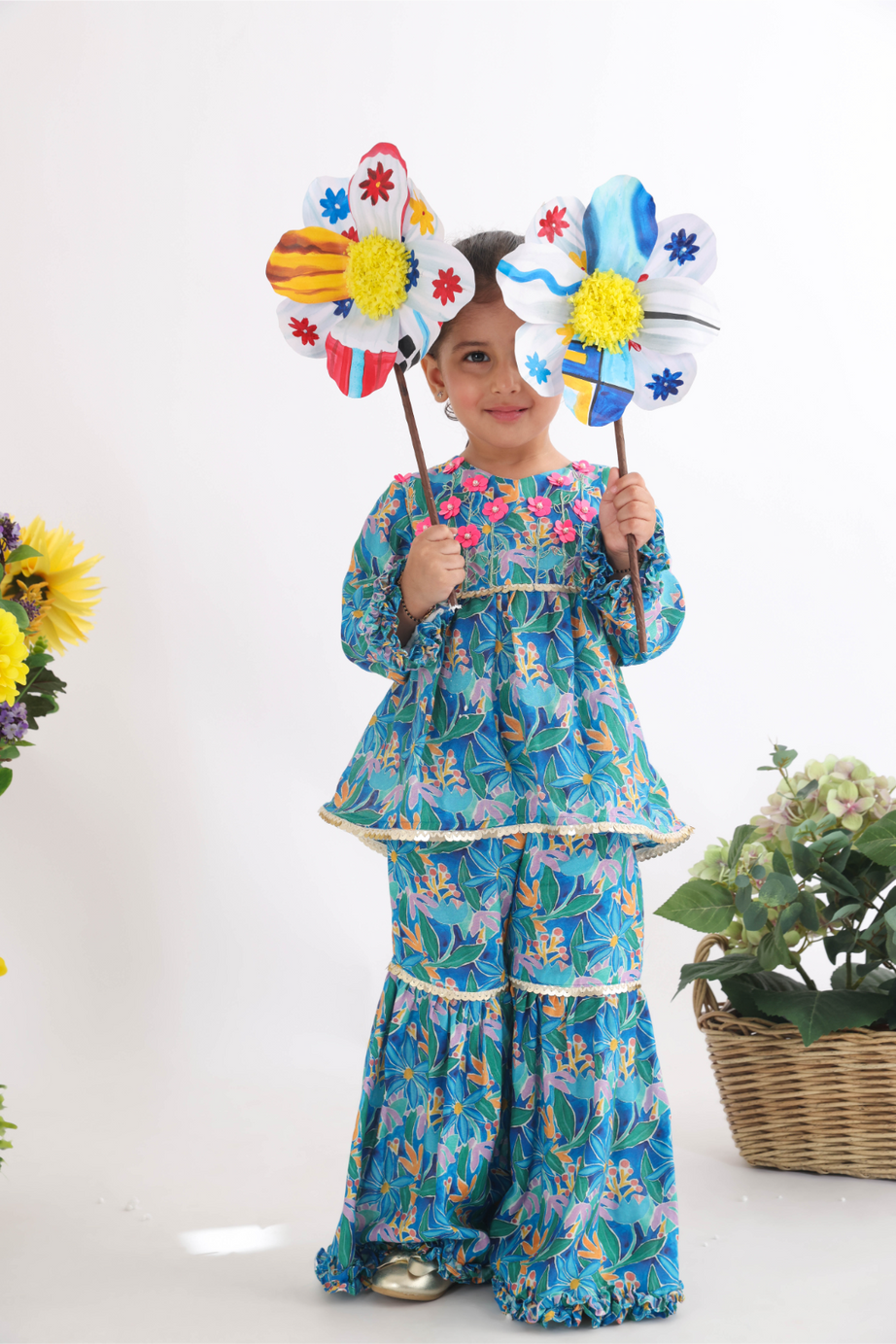 Dark Blue Floral Top with Floral Sequence Embroidery and Sharara in Printed Muslin for Girls