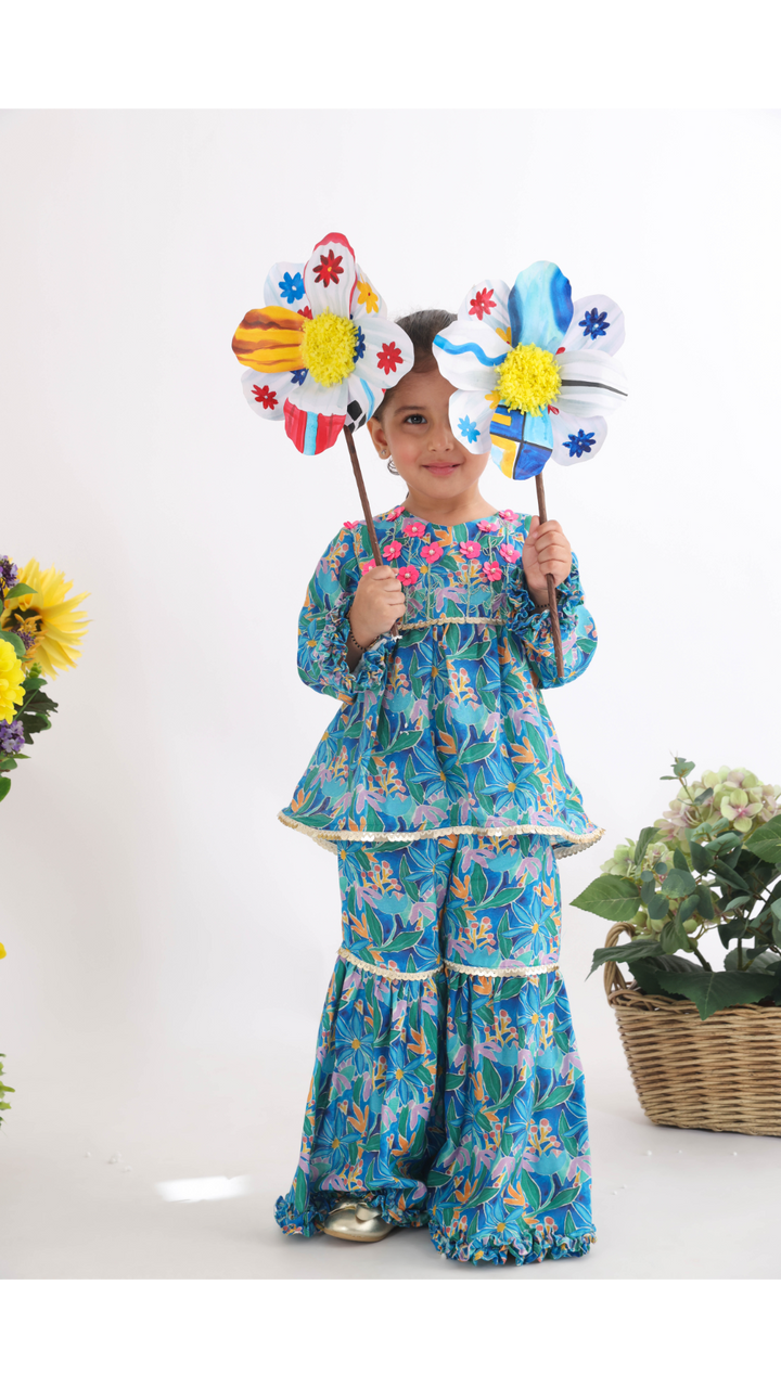 Dark Blue Floral Top with Floral Sequence Embroidery and Sharara in Printed Muslin for Girls