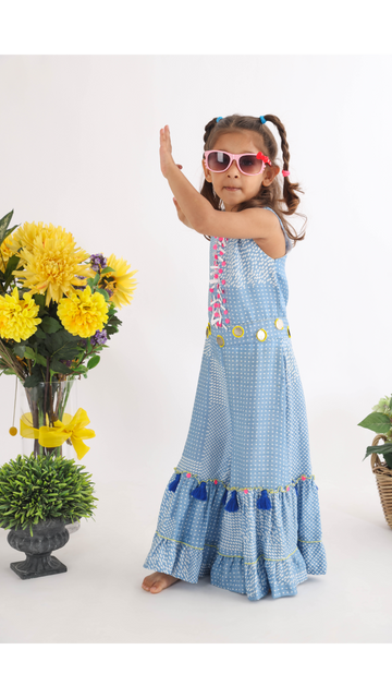 Printed Silk Layered Blue Jumpsuit with Sequence Embroidered Yolk for Girls