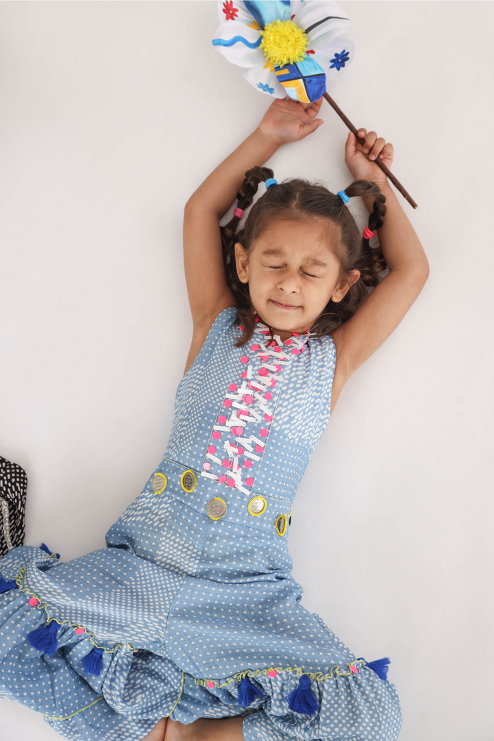 Twinning Set in Blue Printed Silk with Sequence Hand Embroidery