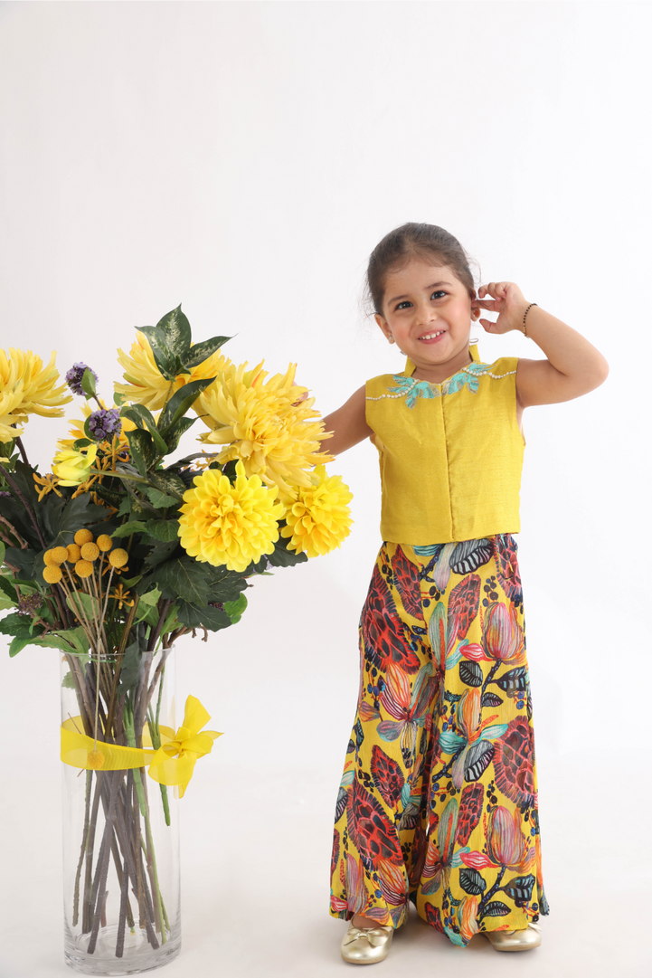 Yellow Silk Top with Hand Embroidered Dragonfly with Printed Chiffon Palazzo for Girls
