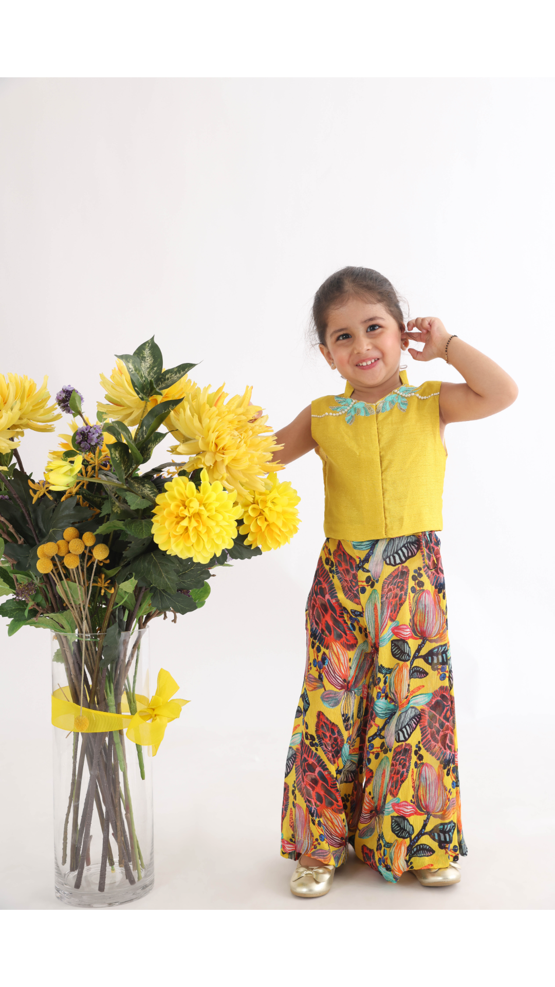 Yellow Silk Top with Hand Embroidered Dragonfly with Printed Chiffon Palazzo for Girls