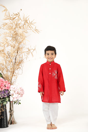 Achkan Style Red Embroidered Silk Kurta with White Pyjama Set for Boys