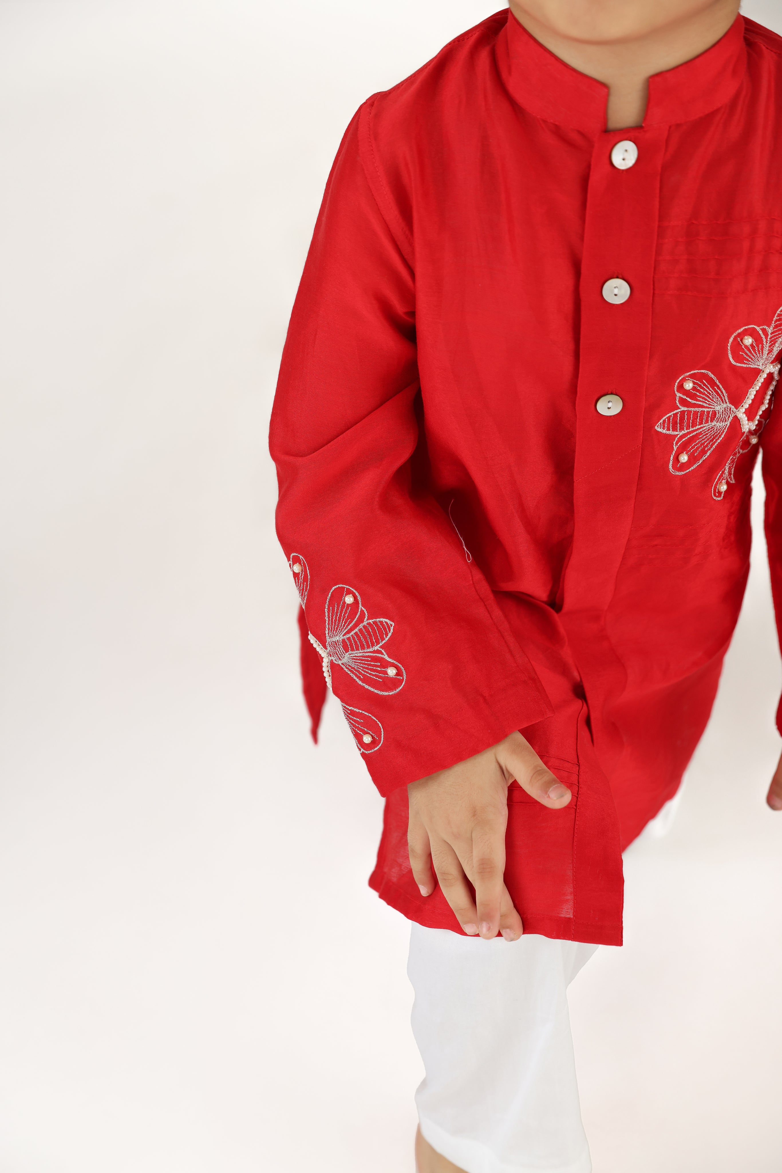Achkan Style Red Embroidered Silk Kurta with White Pyjama Set for Boys