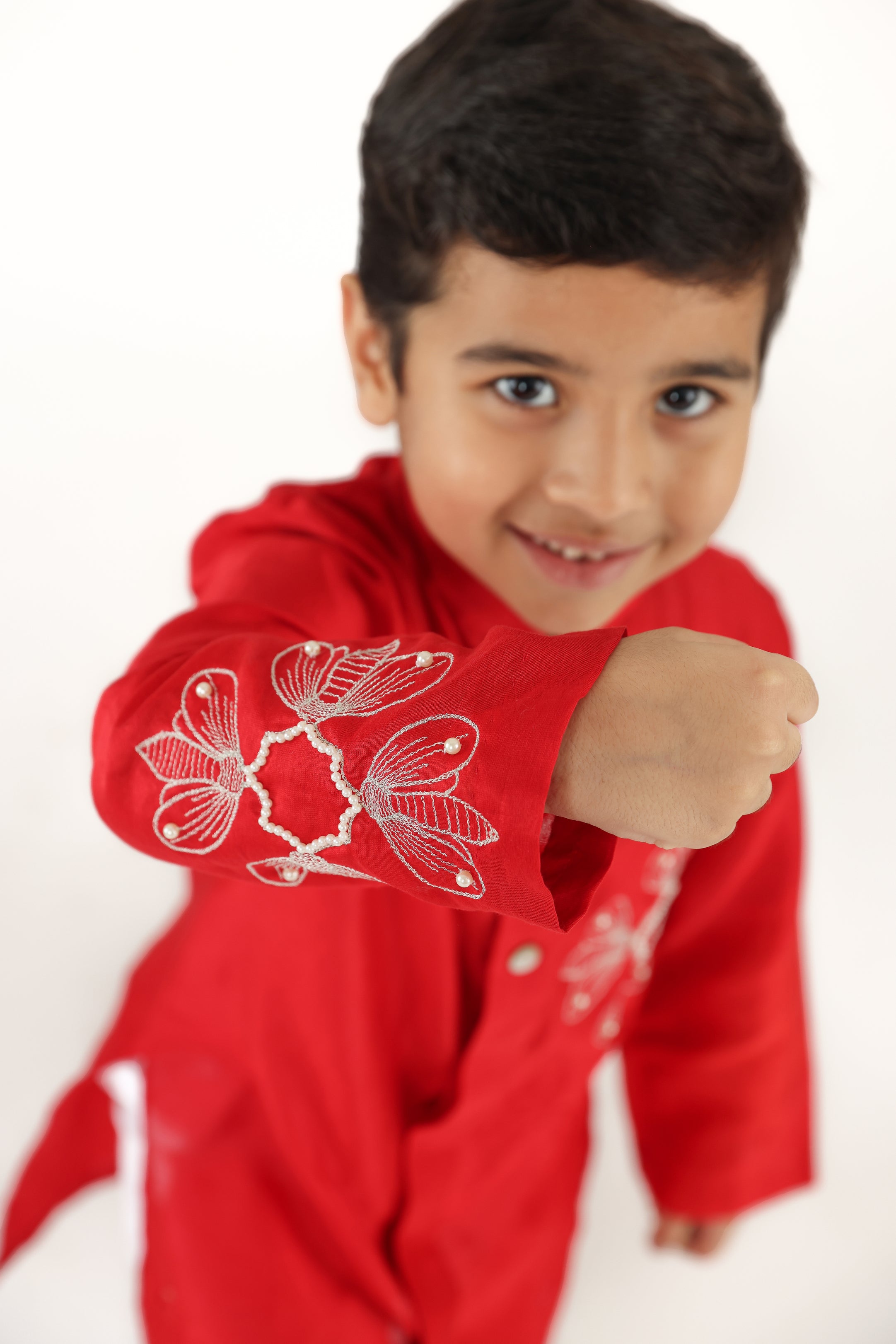 Achkan Style Red Embroidered Silk Kurta with White Pyjama Set for Boys