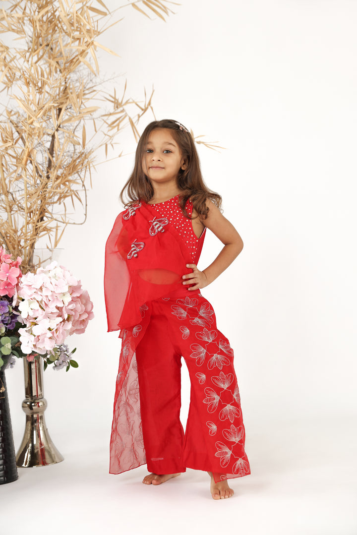Red Organza Embroidered Drape Top with Silk Inner and Embroidered Silk Palazzo Set for Girls