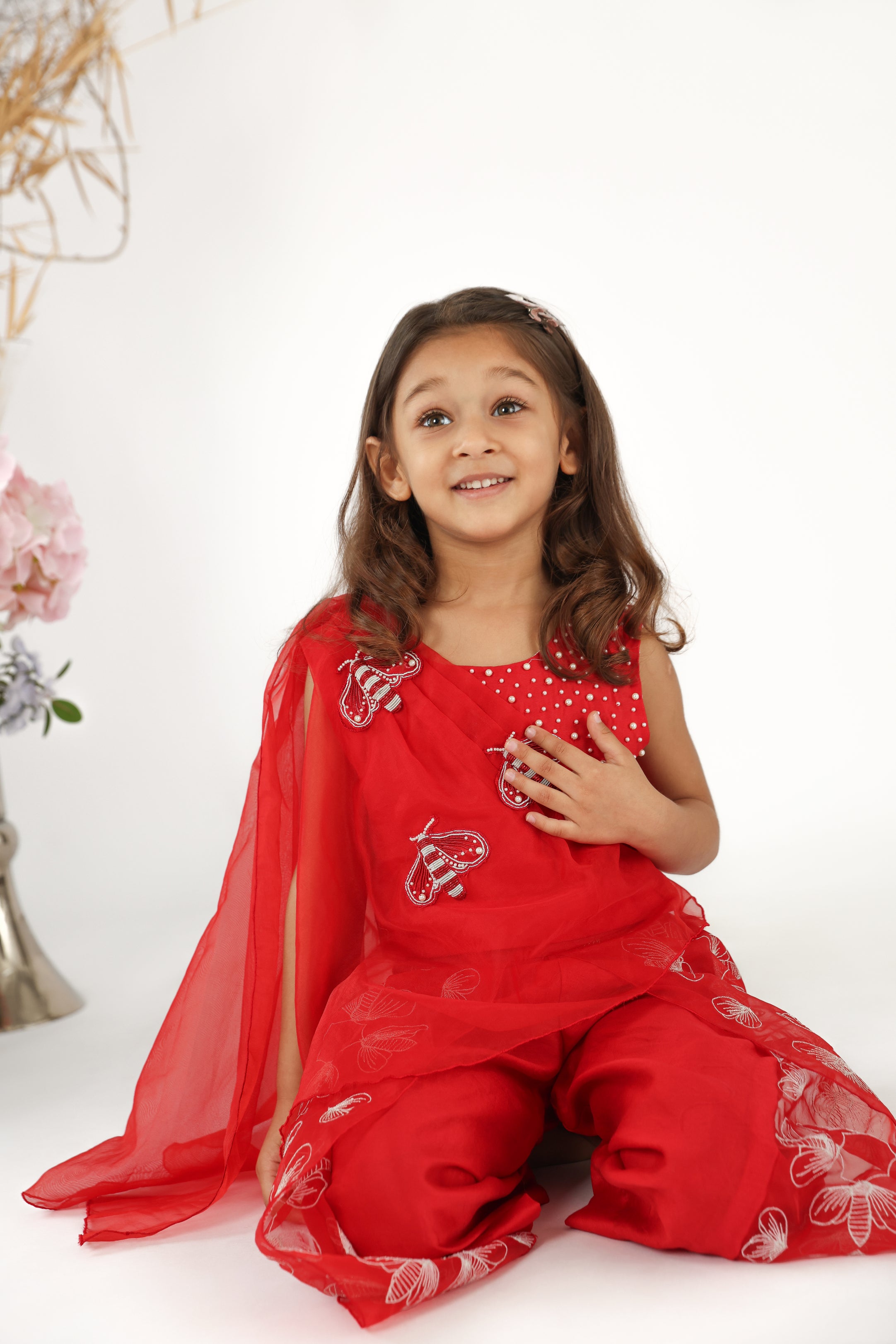 Red Organza Embroidered Drape Top with Silk Inner and Embroidered Silk Palazzo Set for Girls