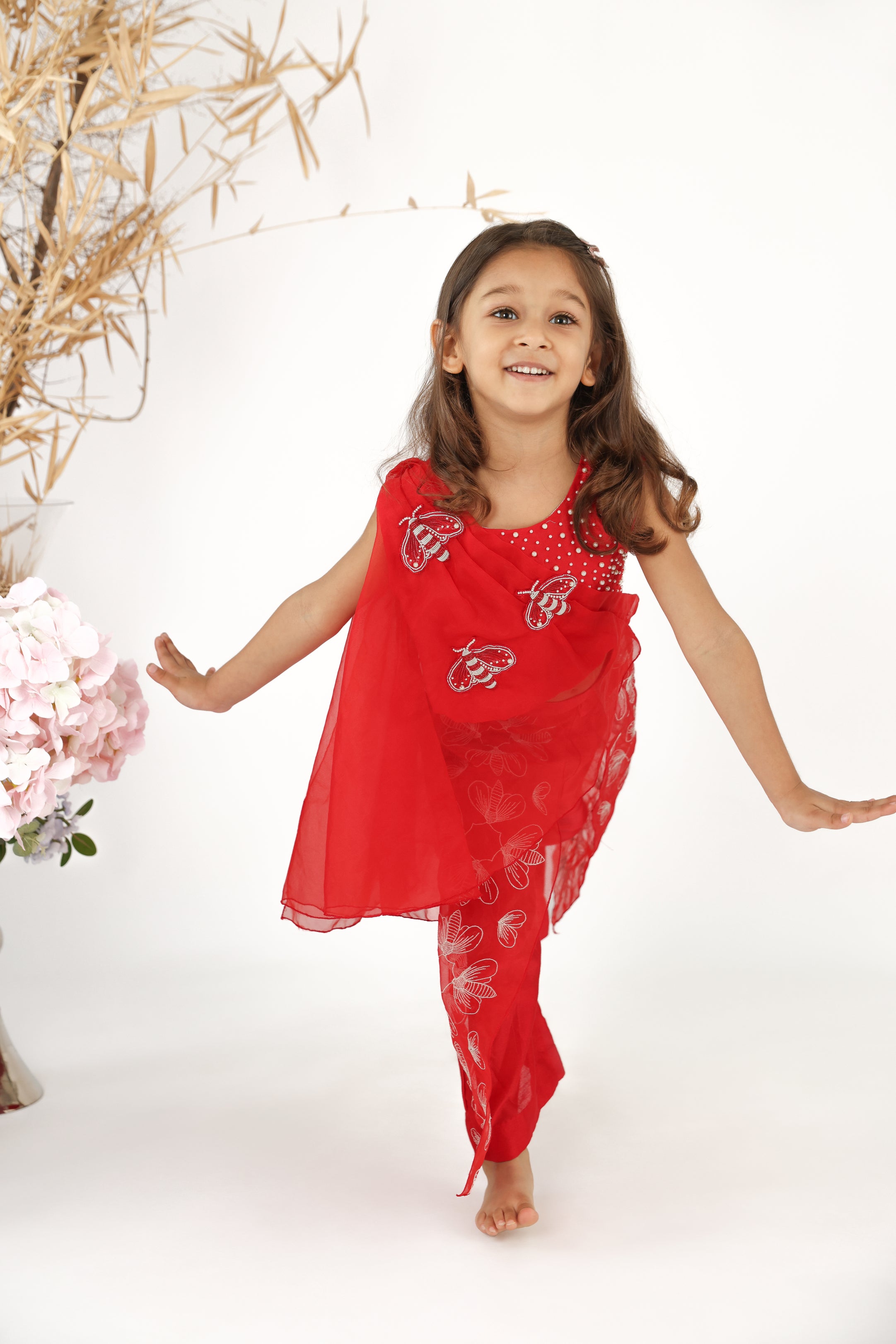 Red Organza Embroidered Drape Top with Silk Inner and Embroidered Silk Palazzo Set for Girls