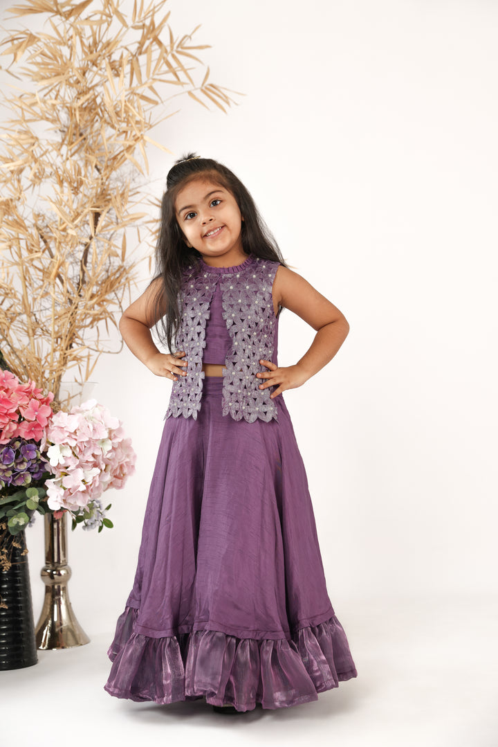 Purple Top with Attached Embroidered jacket and Cutwork Flowers and Silk Lehenga Set for Girls